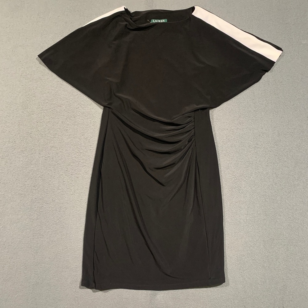 Lauren Ralph Lauren Dress Women 12 Black Capelet Ruched Sheath Cocktail Chic
